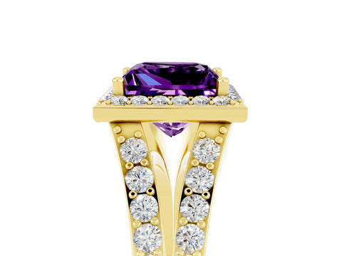Yellow gold Princess Cut Amethyst Split Shank Halo Ring with Four-Prong Setting_17