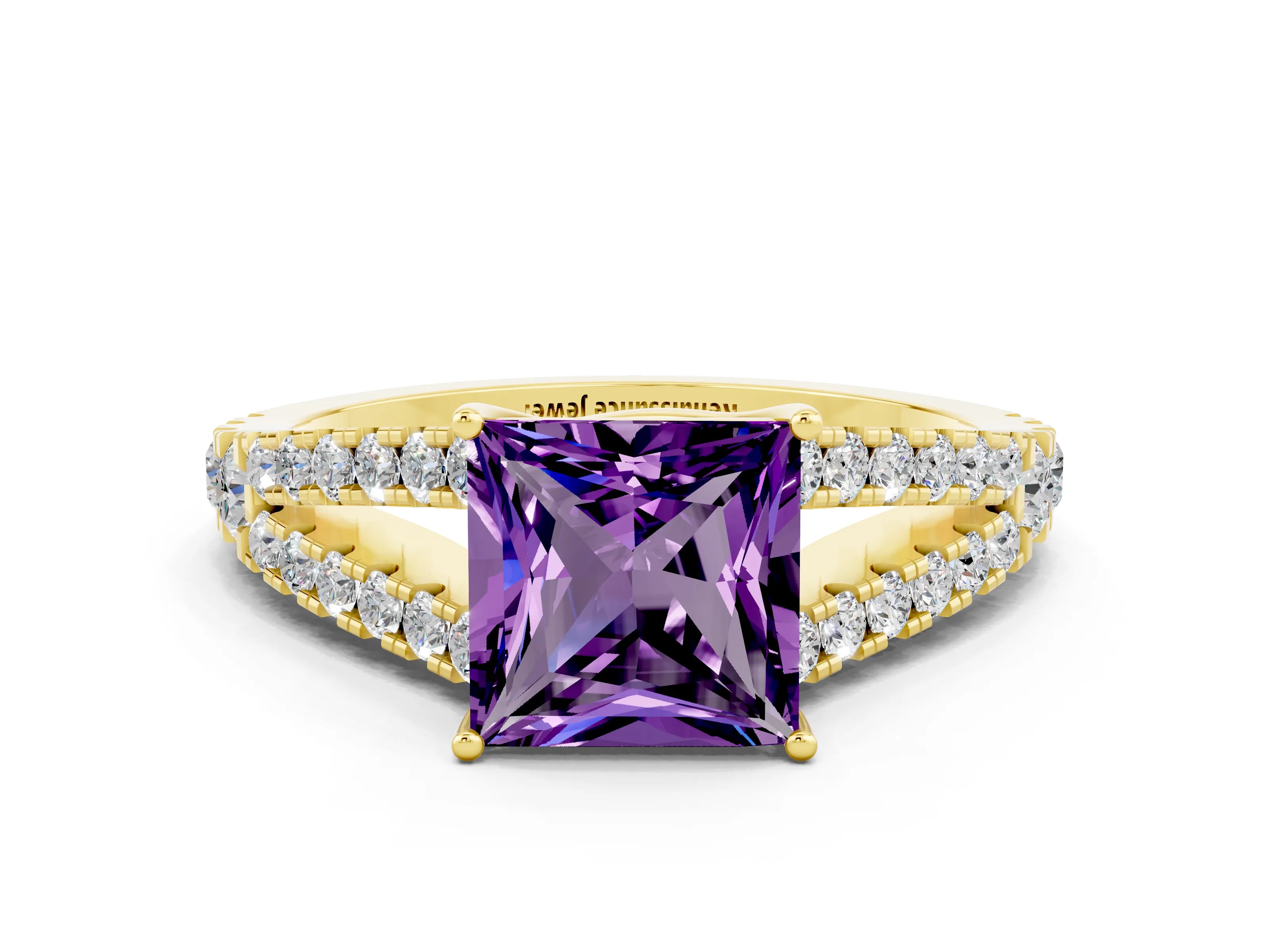 Yellow gold Princess Cut Amethyst Split Shank Pavé Engagement Ring with Four-Prong Setting_12