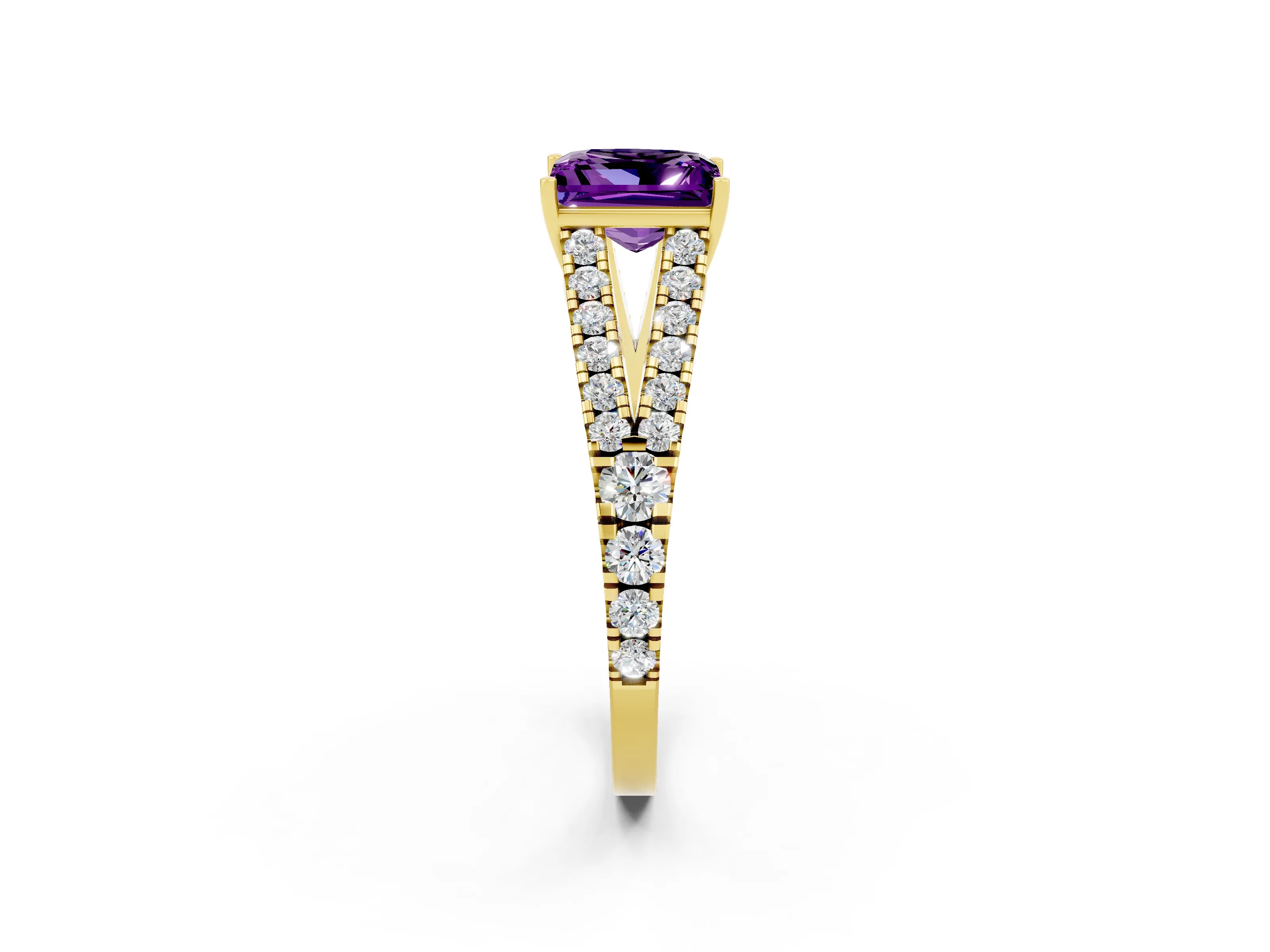 Yellow gold Princess Cut Amethyst Split Shank Pavé Engagement Ring with Four-Prong Setting_14
