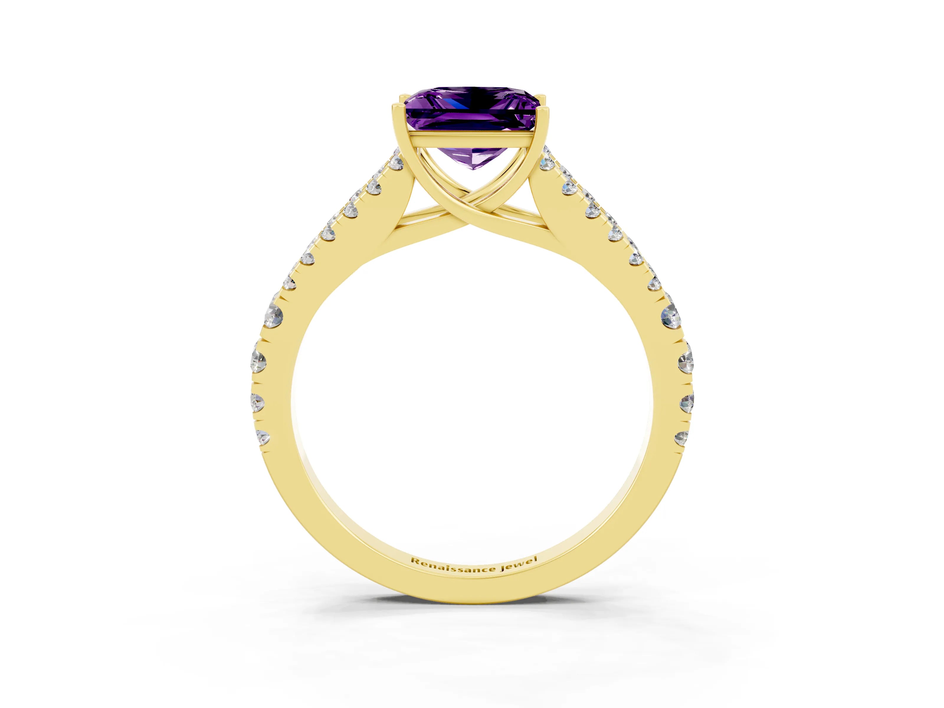 Yellow gold Princess Cut Amethyst Split Shank Pavé Engagement Ring with Four-Prong Setting_15
