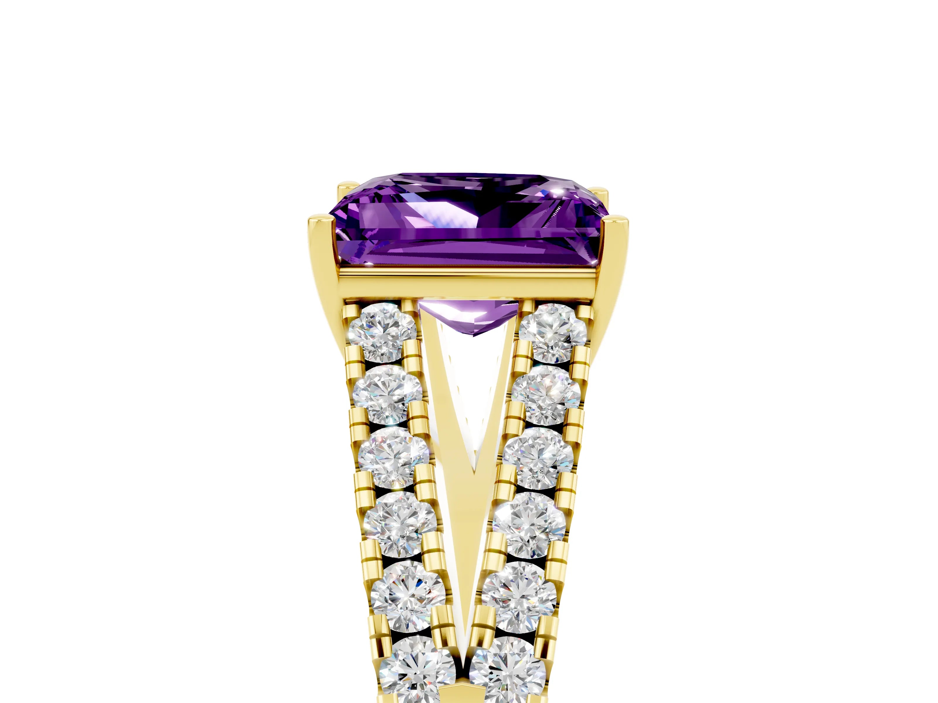 Yellow gold Princess Cut Amethyst Split Shank Pavé Engagement Ring with Four-Prong Setting_17