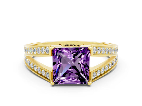 Yellow gold Princess Cut Amethyst Split Shank Ring with Pavé Band and Four-Prong Setting