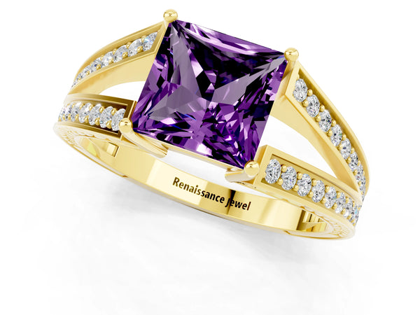 Yellow gold Princess Cut Amethyst Split Shank Ring with Pavé Band and Four-Prong Setting