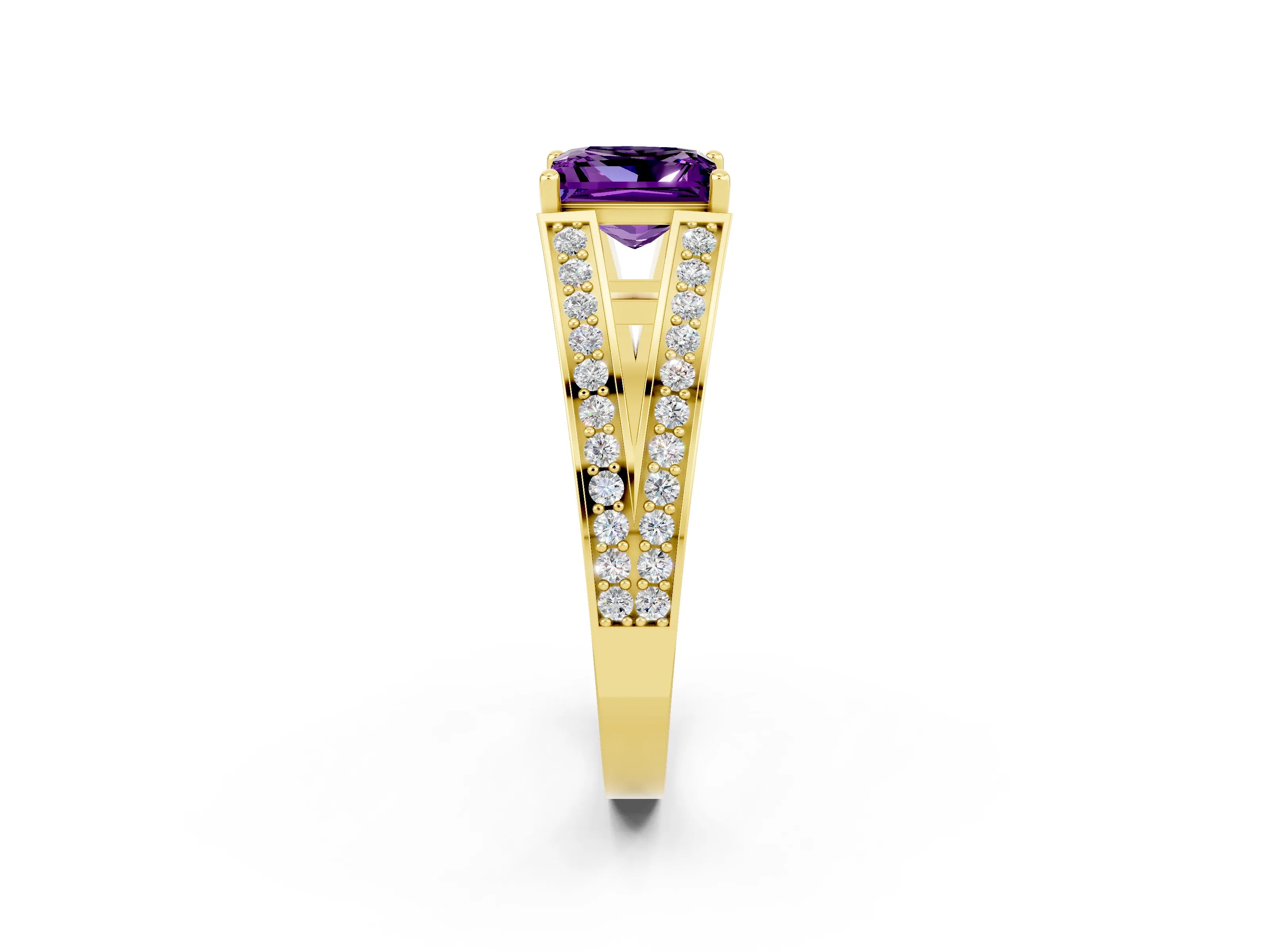 Yellow gold Princess Cut Amethyst Split Shank Ring with Pavé Band and Four-Prong Setting_2