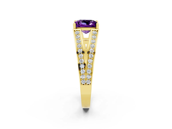 Yellow gold Princess Cut Amethyst Split Shank Ring with Pavé Band and Four-Prong Setting