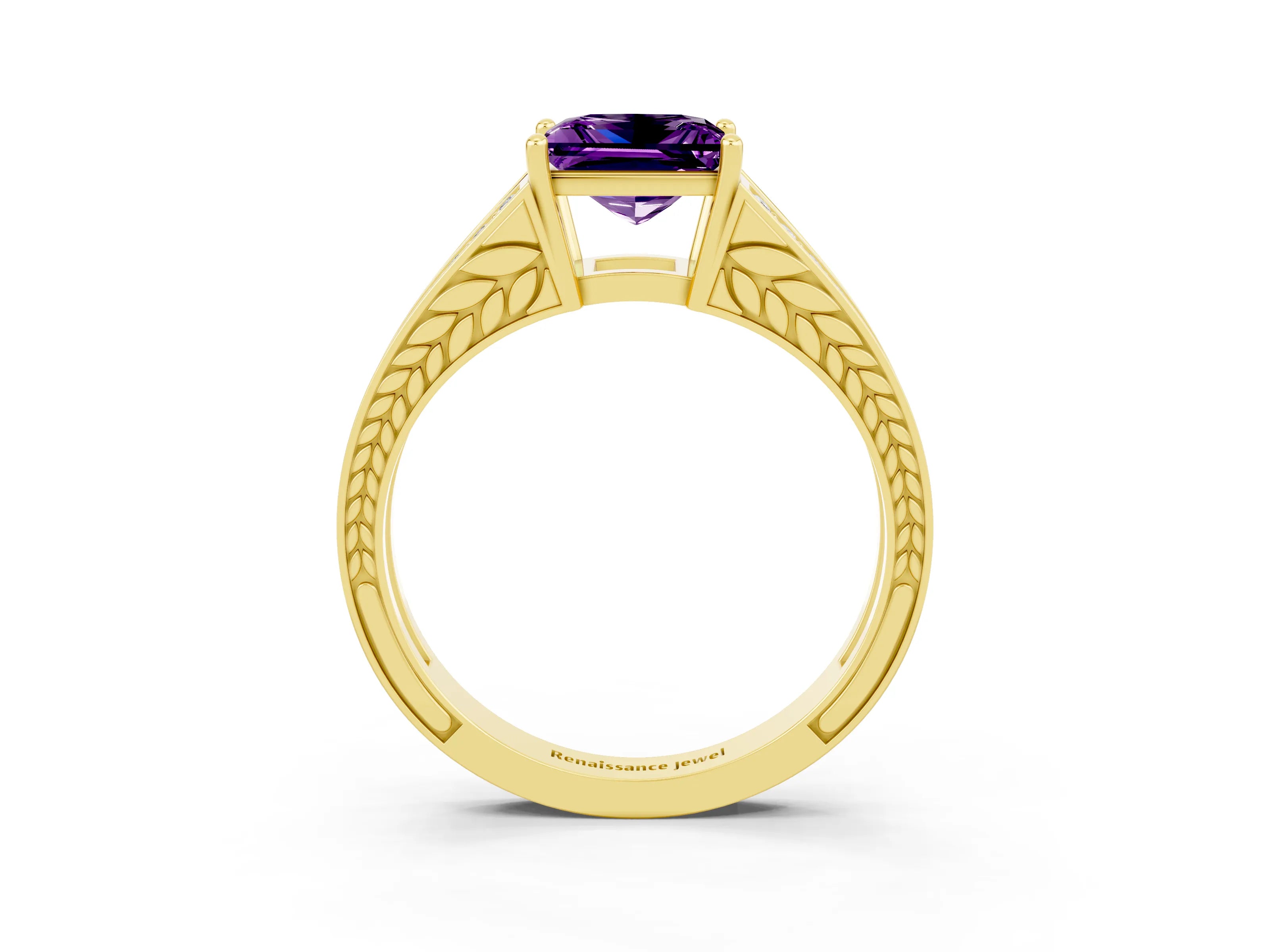 Yellow gold Princess Cut Amethyst Split Shank Ring with Pavé Band and Four-Prong Setting_3