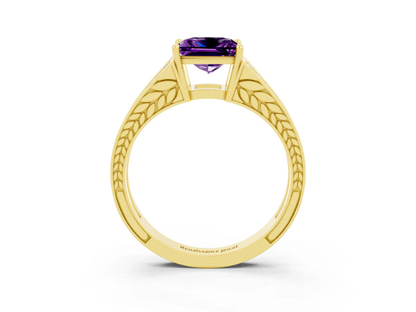 Yellow gold Princess Cut Amethyst Split Shank Ring with Pavé Band and Four-Prong Setting