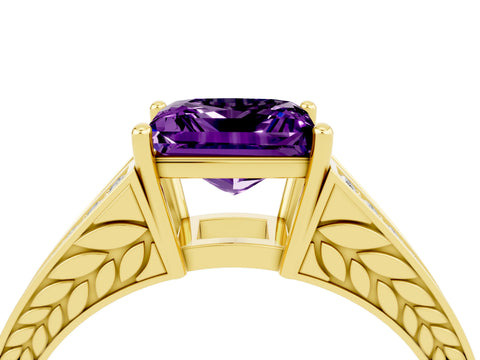 Yellow gold Princess Cut Amethyst Split Shank Ring with Pavé Band and Four-Prong Setting_4