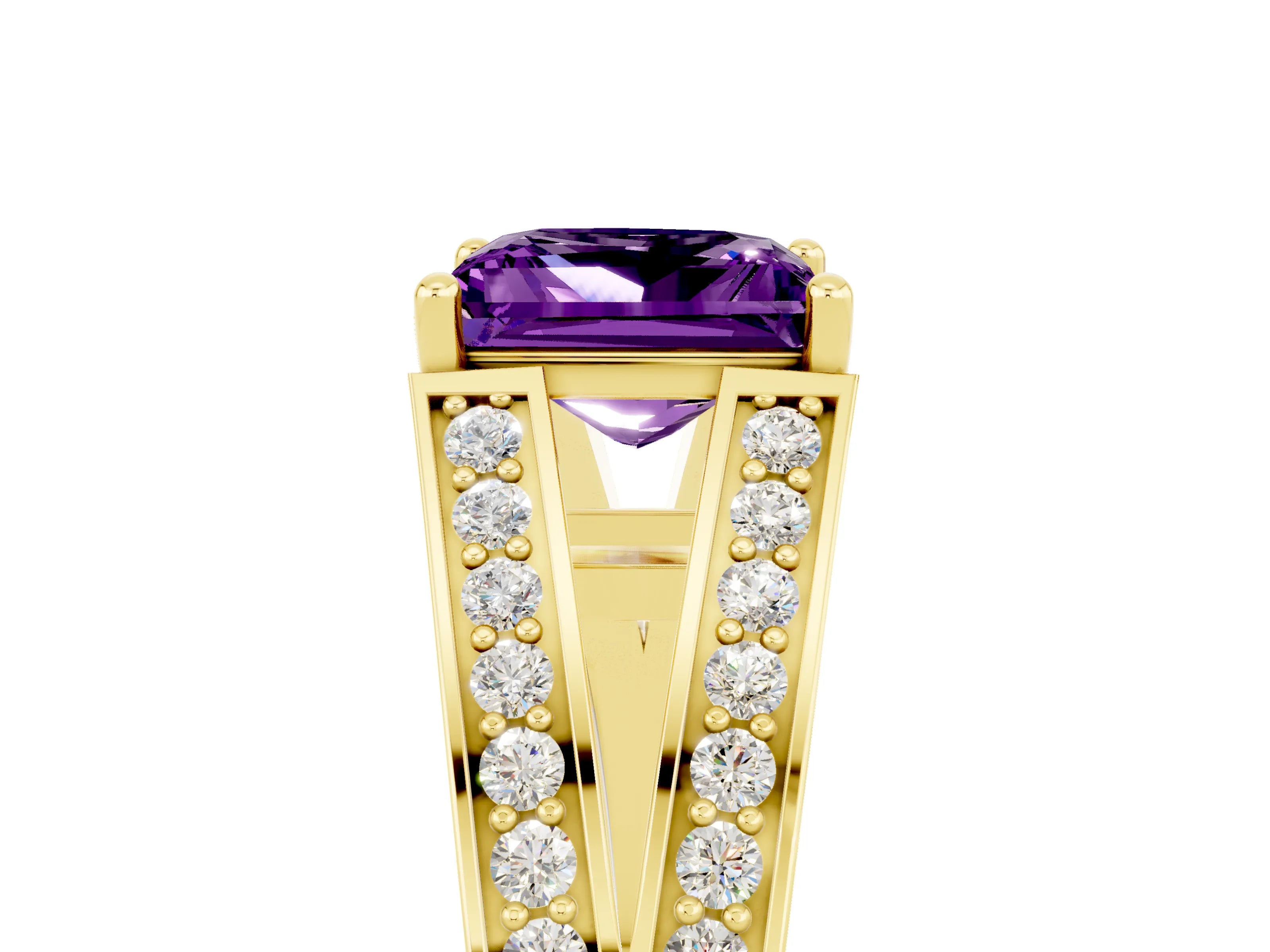Yellow gold Princess Cut Amethyst Split Shank Ring with Pavé Band and Four-Prong Setting_5