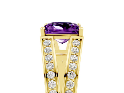 Yellow gold Princess Cut Amethyst Split Shank Ring with Pavé Band and Four-Prong Setting_5