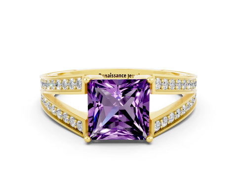Yellow gold Princess Cut Amethyst Split Shank Ring with Pavé Band and Four-Prong Setting