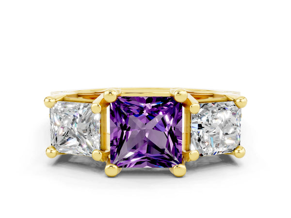 Yellow gold Princess Cut Amethyst Three-Stone Ring with Channel Set Band and Four-Prong Setting