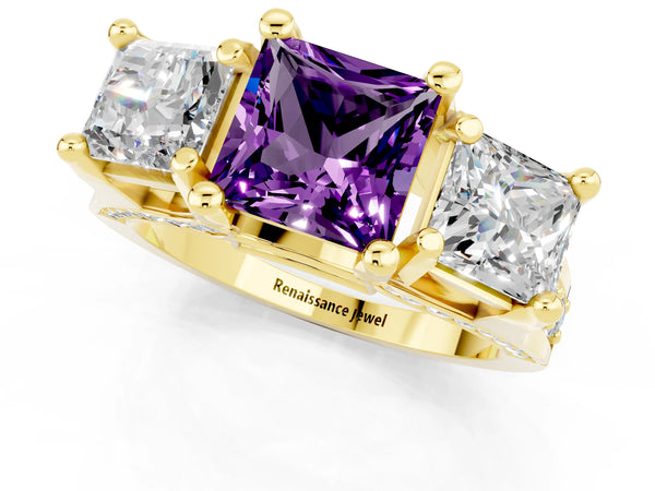 Yellow gold Princess Cut Amethyst Three-Stone Ring with Channel Set Band and Four-Prong Setting