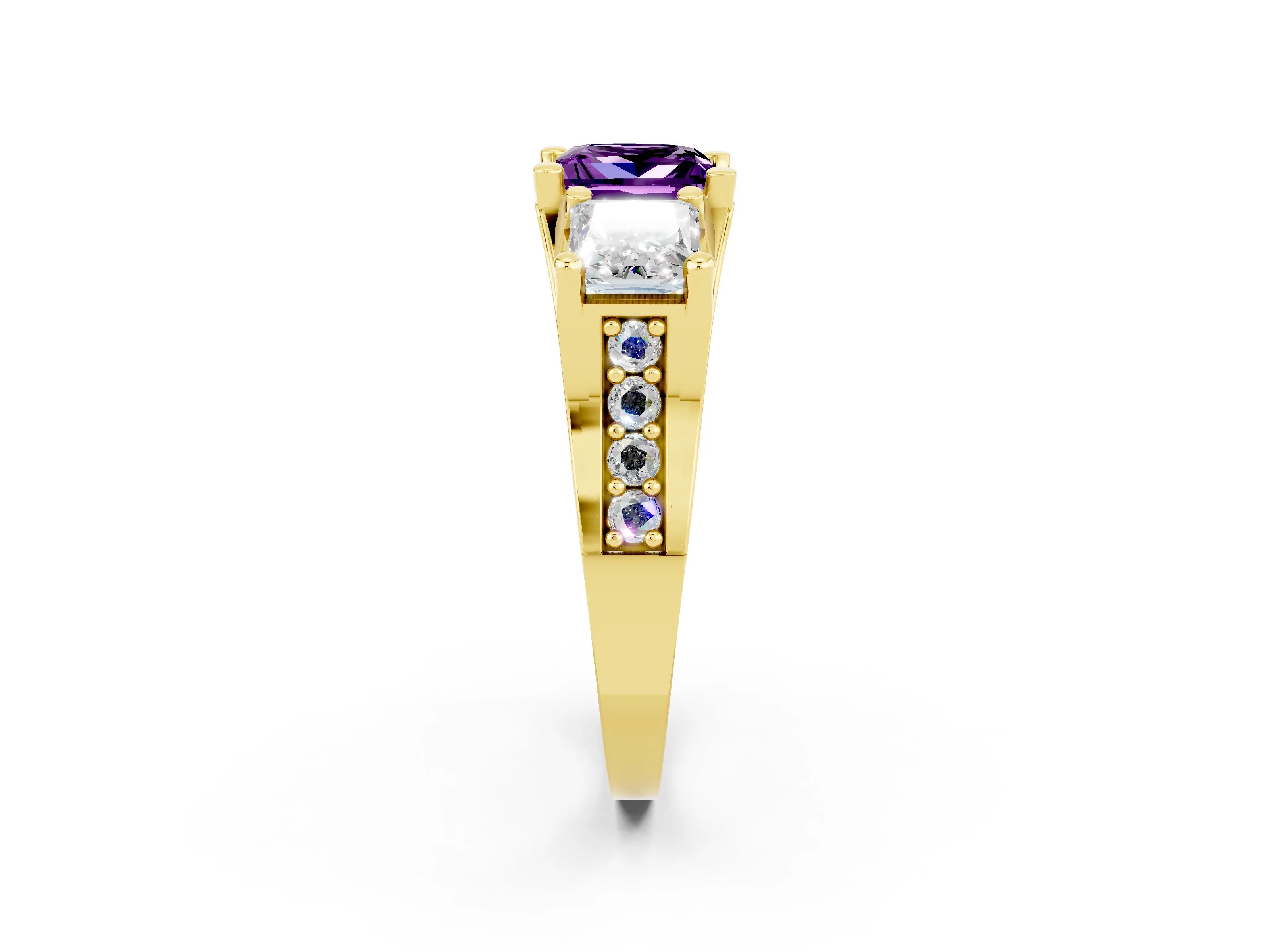 Yellow gold Princess Cut Amethyst Three-Stone Ring with Channel Set Band and Four-Prong Setting_2