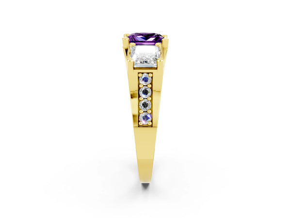 Yellow gold Princess Cut Amethyst Three-Stone Ring with Channel Set Band and Four-Prong Setting