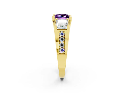 Yellow gold Princess Cut Amethyst Three-Stone Ring with Channel Set Band and Four-Prong Setting_2