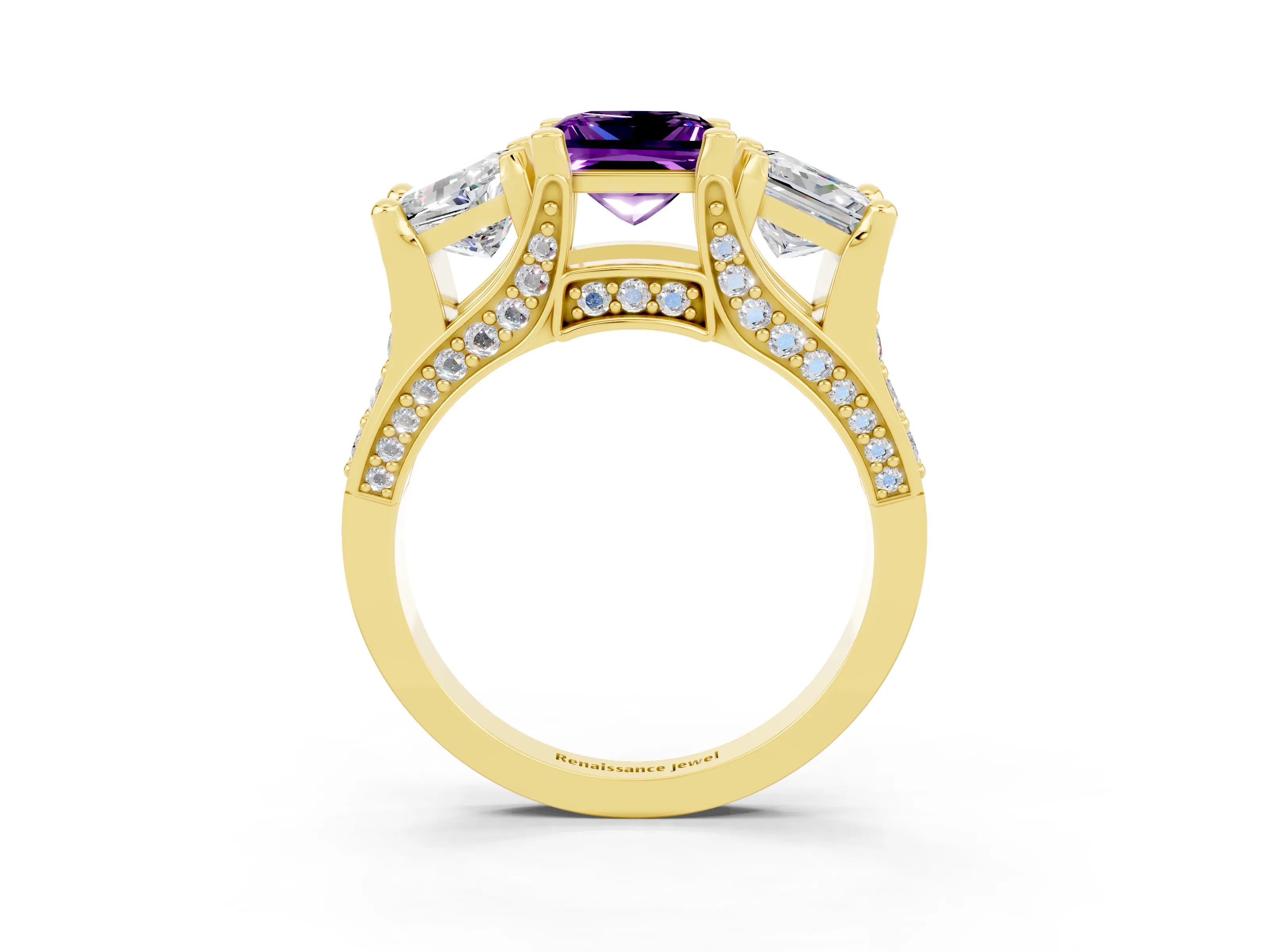 Yellow gold Princess Cut Amethyst Three-Stone Ring with Channel Set Band and Four-Prong Setting_3