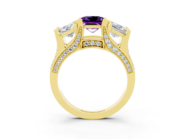 Yellow gold Princess Cut Amethyst Three-Stone Ring with Channel Set Band and Four-Prong Setting