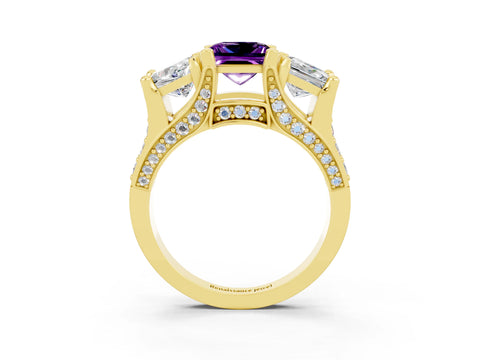 Yellow gold Princess Cut Amethyst Three-Stone Ring with Channel Set Band and Four-Prong Setting_3