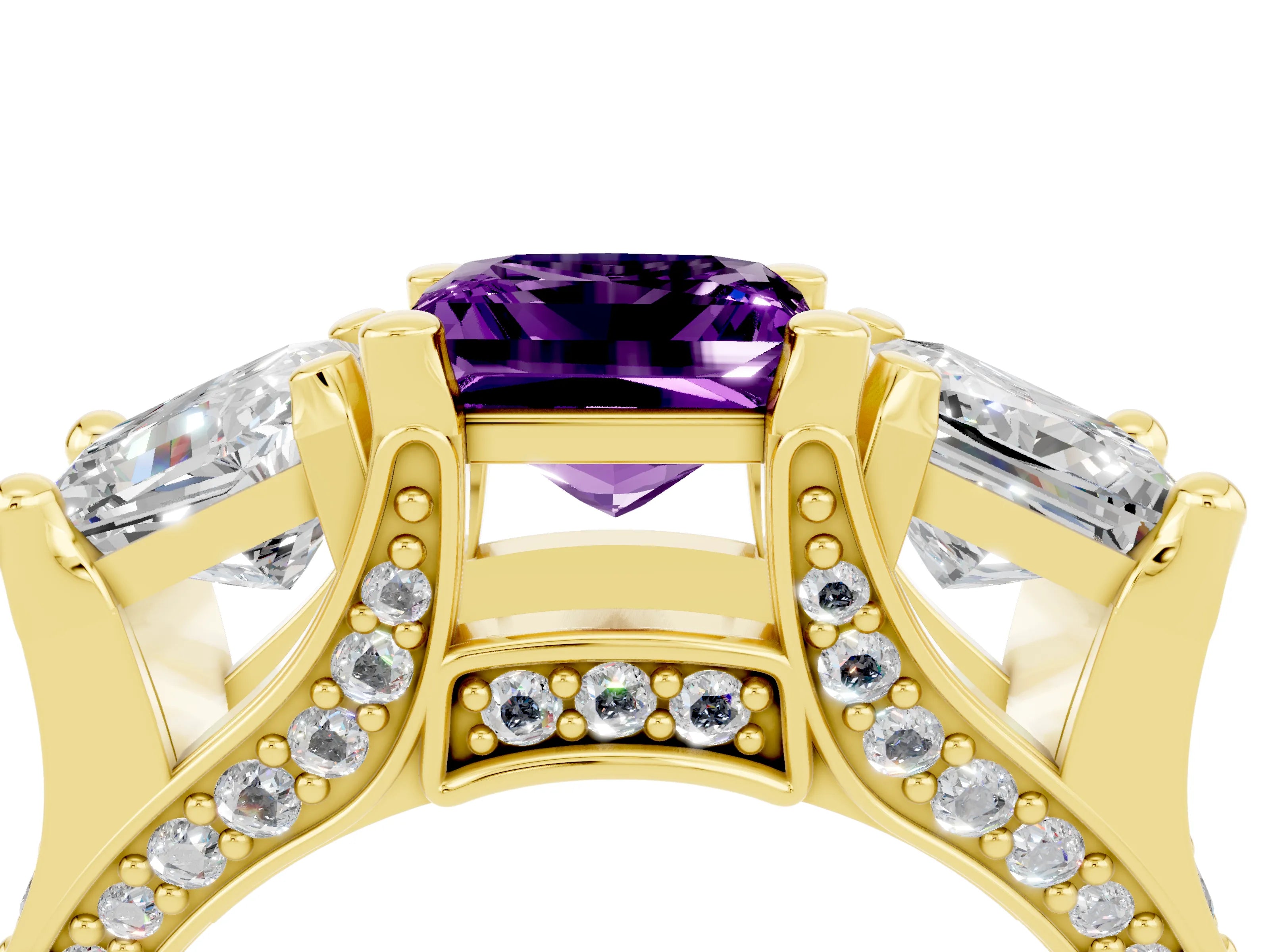 Yellow gold Princess Cut Amethyst Three-Stone Ring with Channel Set Band and Four-Prong Setting_4