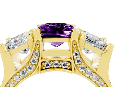Yellow gold Princess Cut Amethyst Three-Stone Ring with Channel Set Band and Four-Prong Setting_4