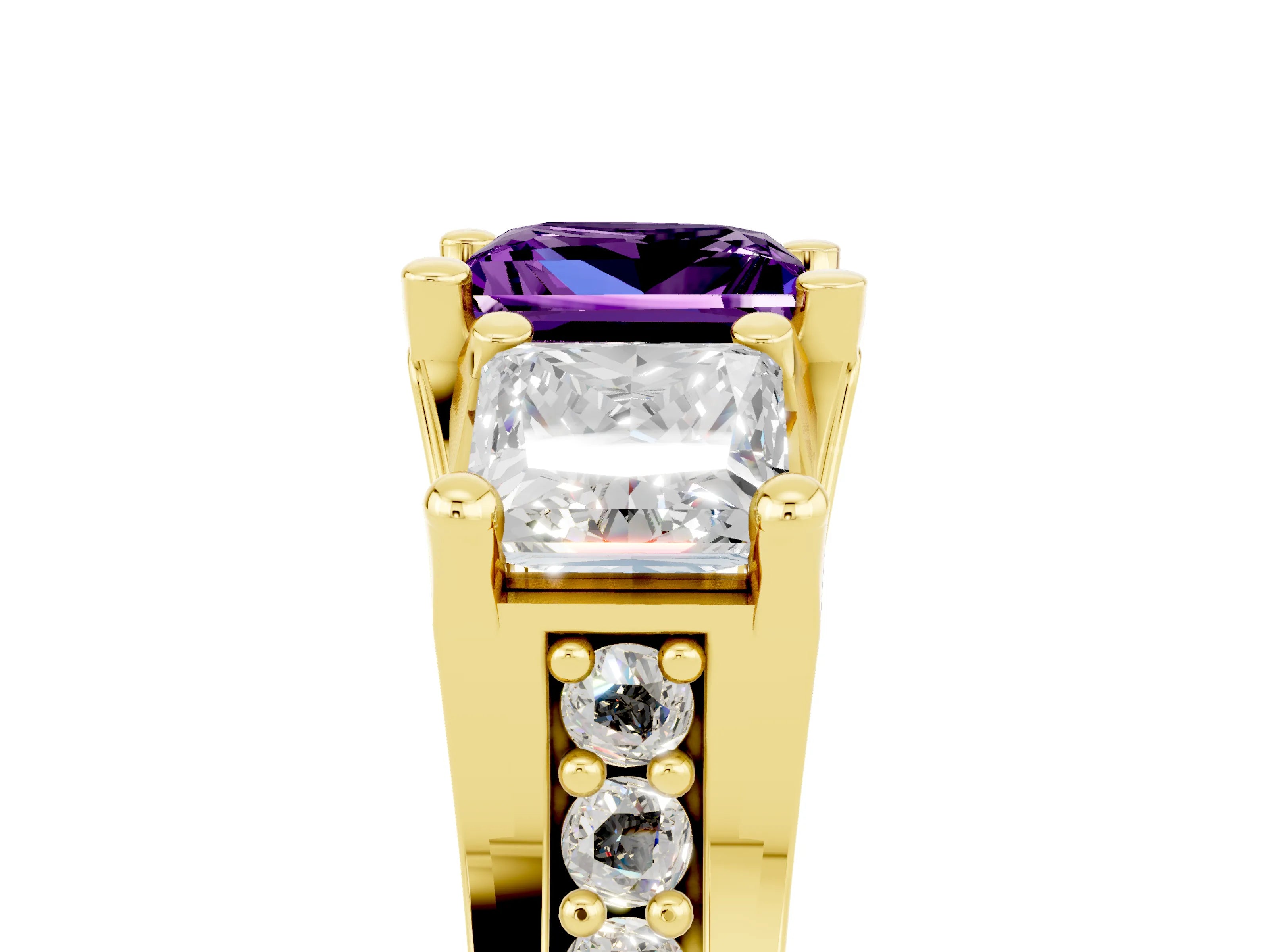 Yellow gold Princess Cut Amethyst Three-Stone Ring with Channel Set Band and Four-Prong Setting_5