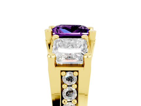 Yellow gold Princess Cut Amethyst Three-Stone Ring with Channel Set Band and Four-Prong Setting_5