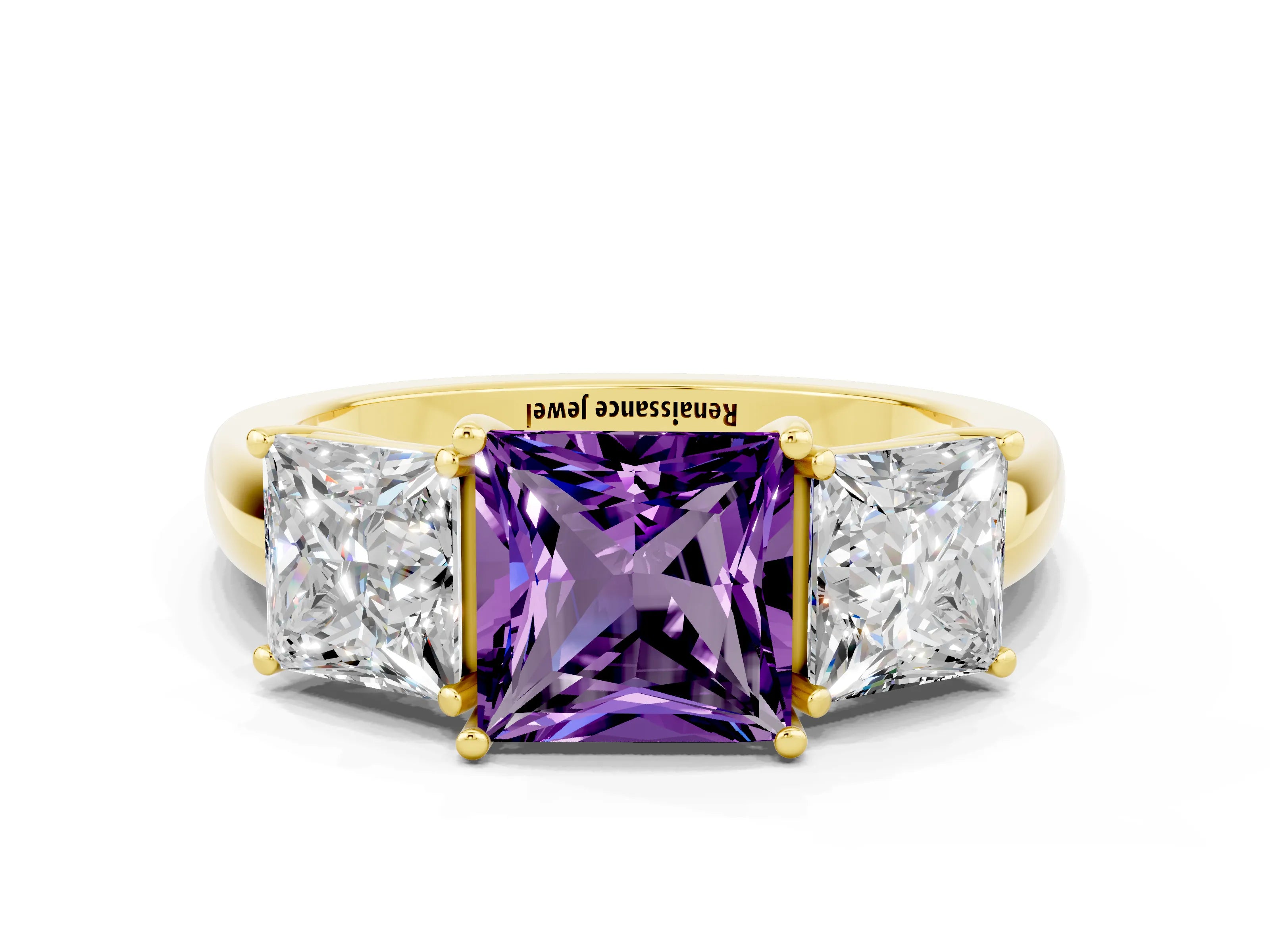 Yellow gold Princess Cut Amethyst Three-Stone Ring with Four-Prong Setting and Classic Band