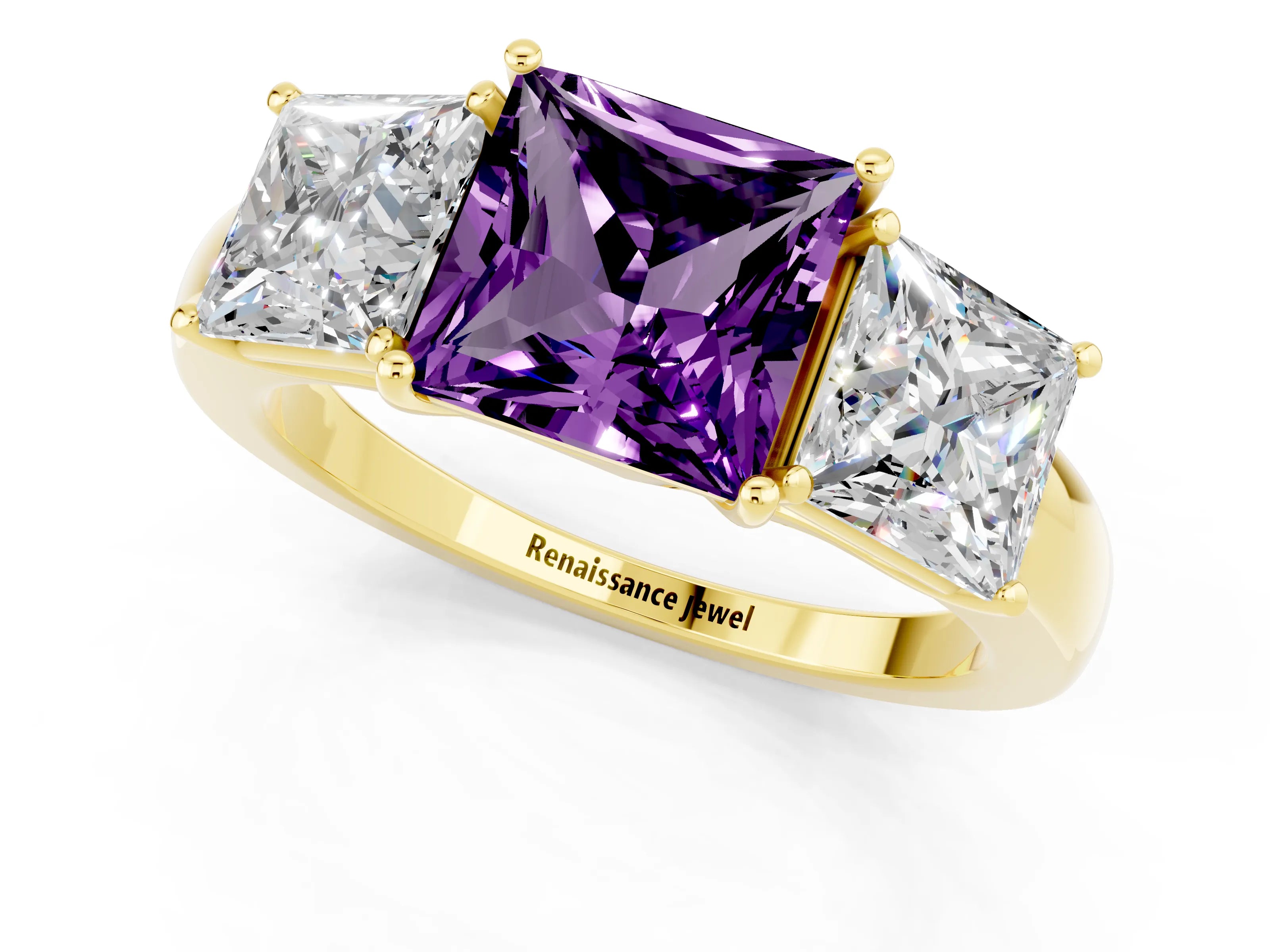 Yellow gold Princess Cut Amethyst Three-Stone Ring with Four-Prong Setting and Classic Band_1