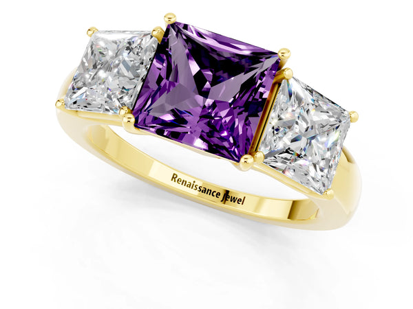 Yellow gold Princess Cut Amethyst Three-Stone Ring with Four-Prong Setting and Classic Band