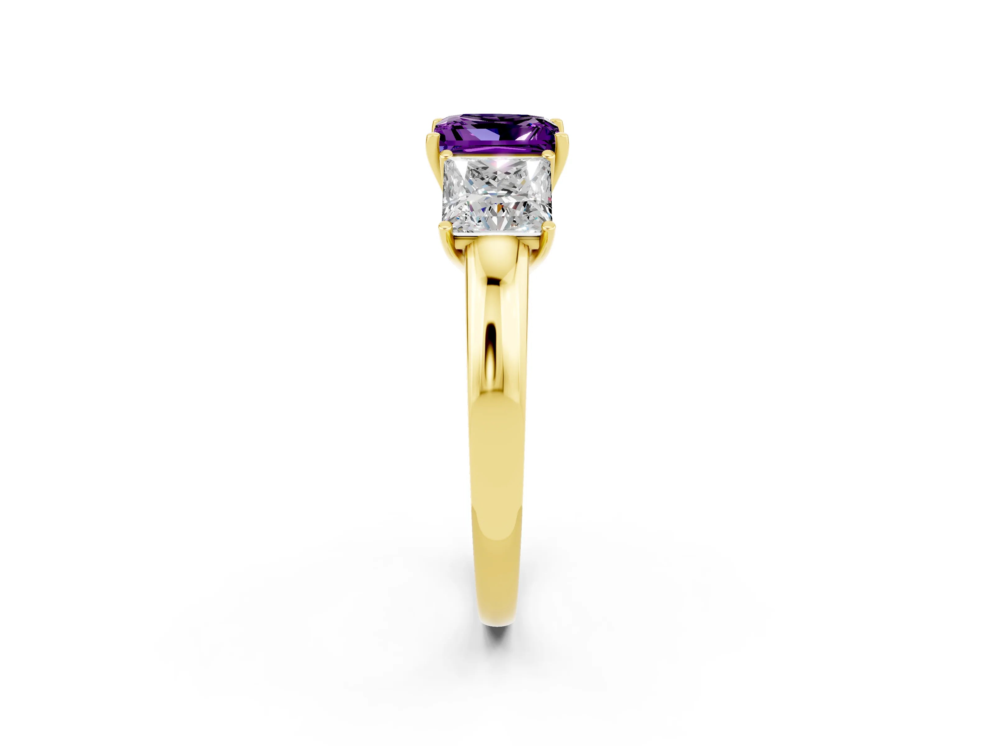 Yellow gold Princess Cut Amethyst Three-Stone Ring with Four-Prong Setting and Classic Band_2