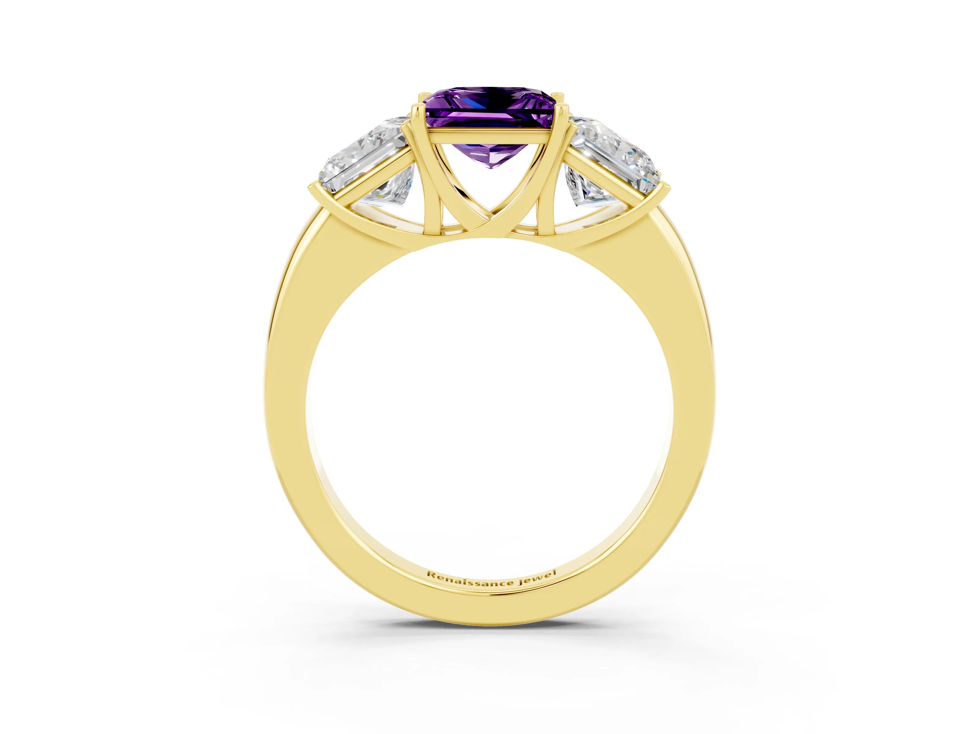 Yellow gold Princess Cut Amethyst Three-Stone Ring with Four-Prong Setting and Classic Band_3
