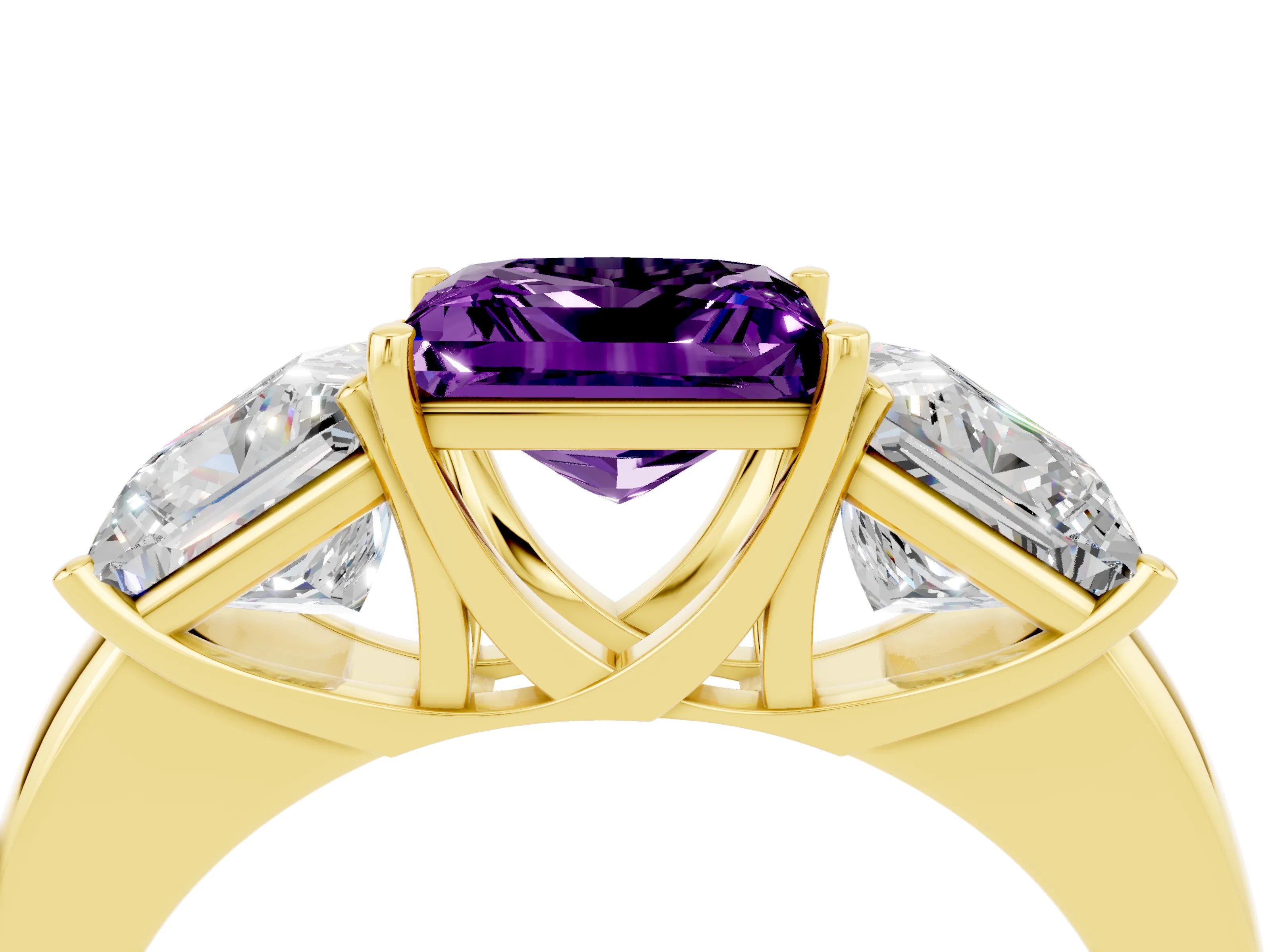 Yellow gold Princess Cut Amethyst Three-Stone Ring with Four-Prong Setting and Classic Band_4