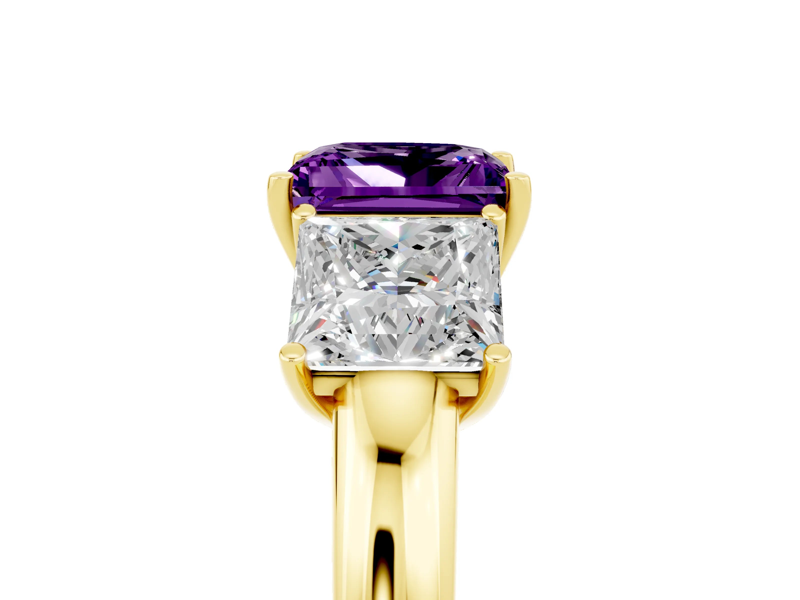 Yellow gold Princess Cut Amethyst Three-Stone Ring with Four-Prong Setting and Classic Band_5