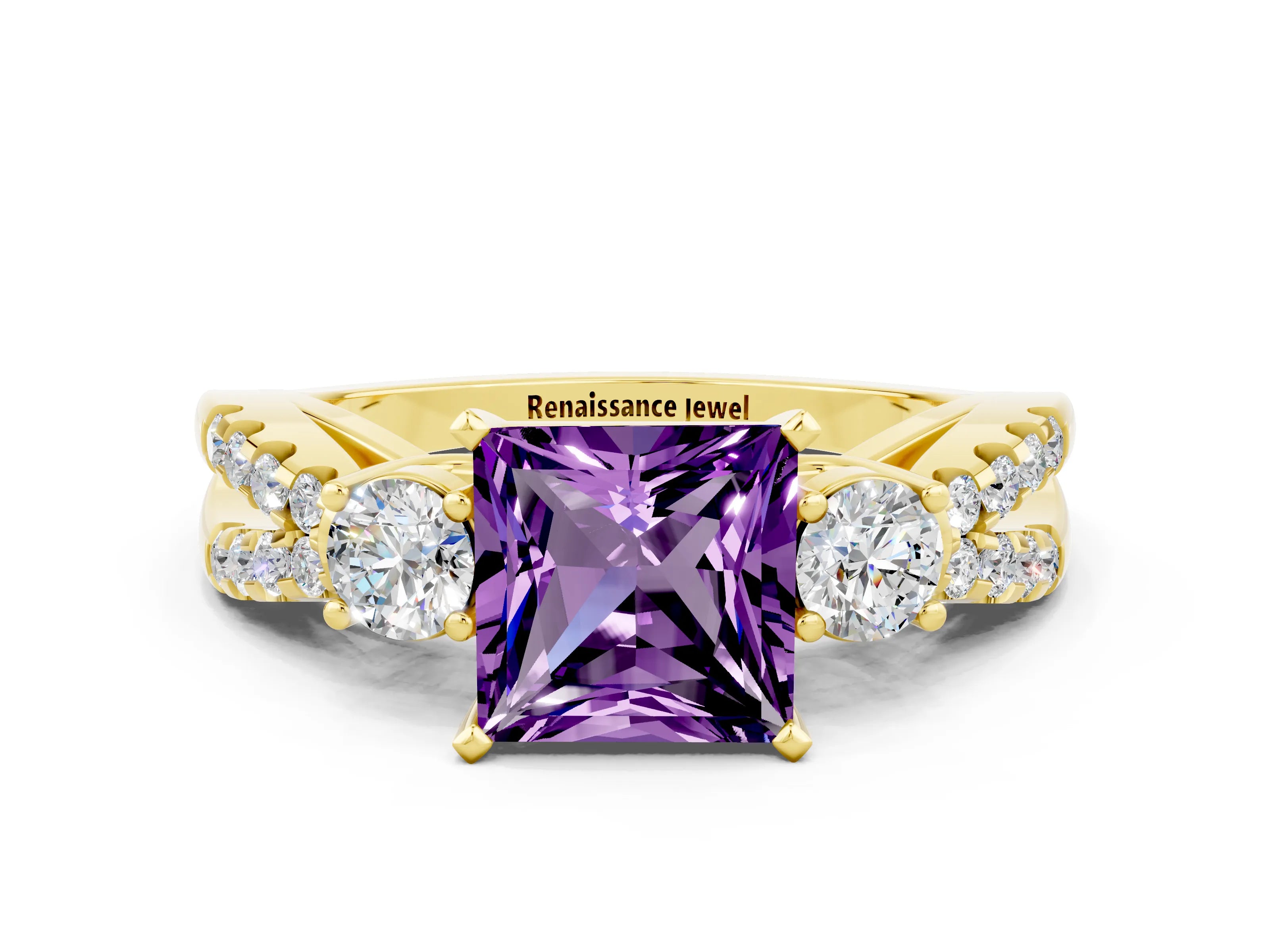 Yellow gold Princess Cut Amethyst Three-Stone Ring with Pavé Split Shank and Four-Prong Setting