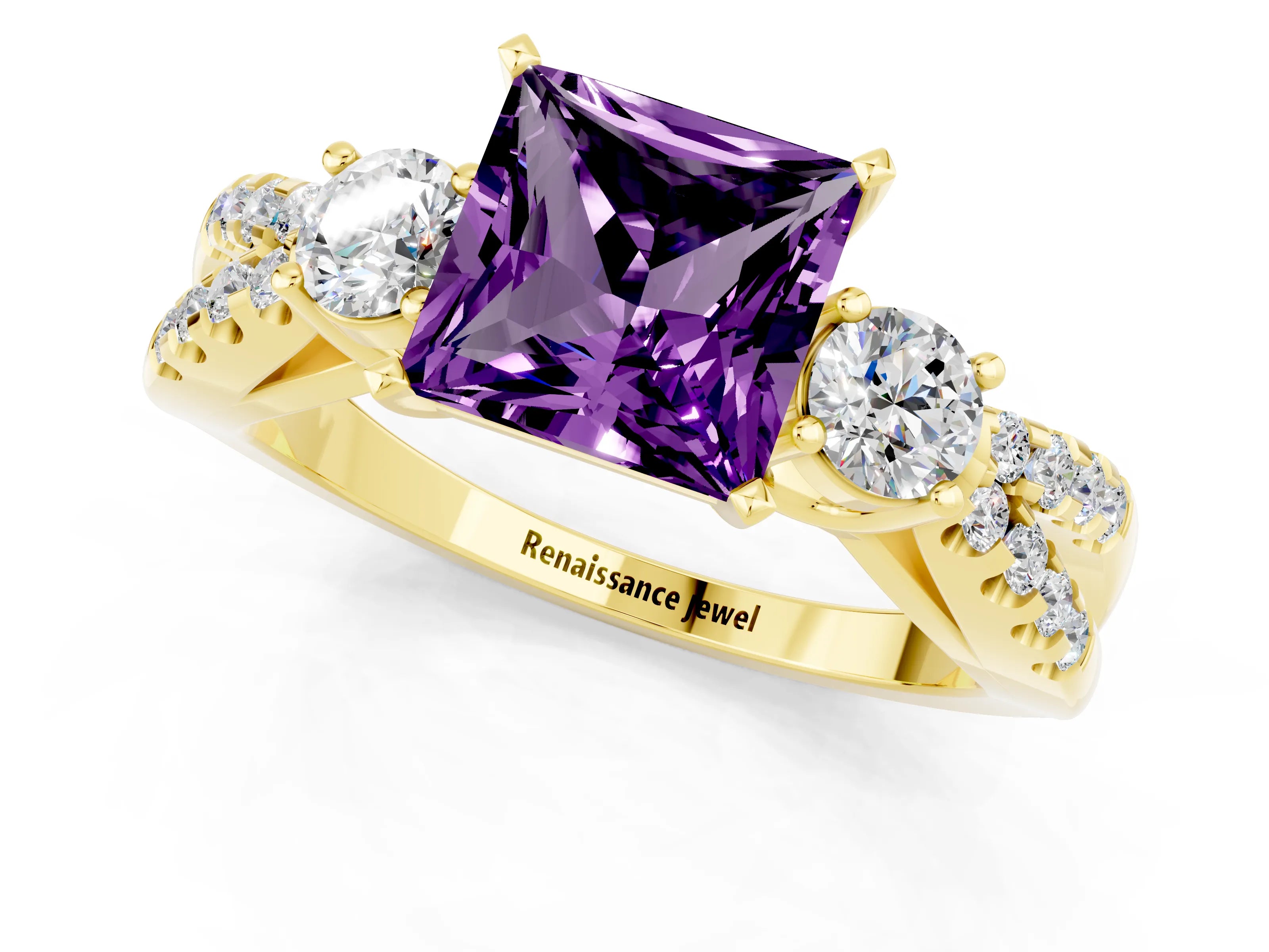 Yellow gold Princess Cut Amethyst Three-Stone Ring with Pavé Split Shank and Four-Prong Setting_1