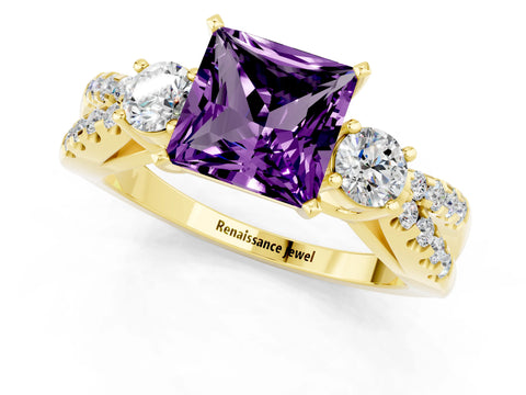 Yellow gold Princess Cut Amethyst Three-Stone Ring with Pavé Split Shank and Four-Prong Setting_1