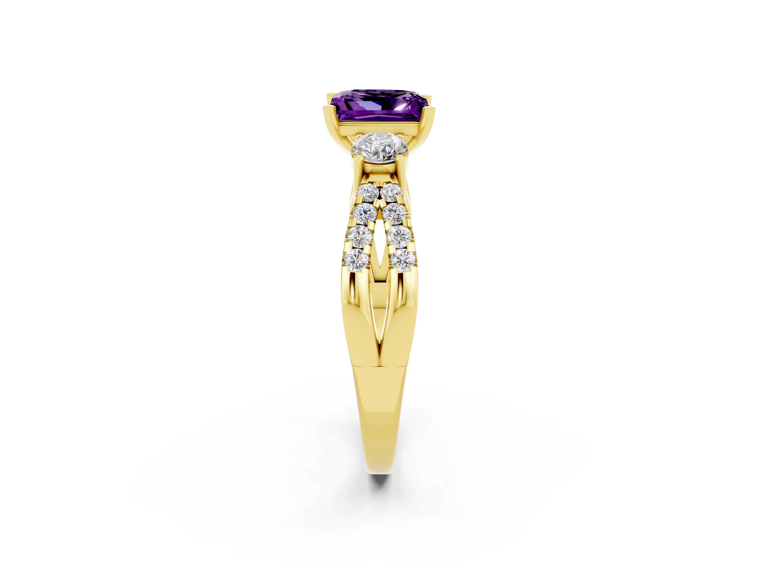 Yellow gold Princess Cut Amethyst Three-Stone Ring with Pavé Split Shank and Four-Prong Setting_2