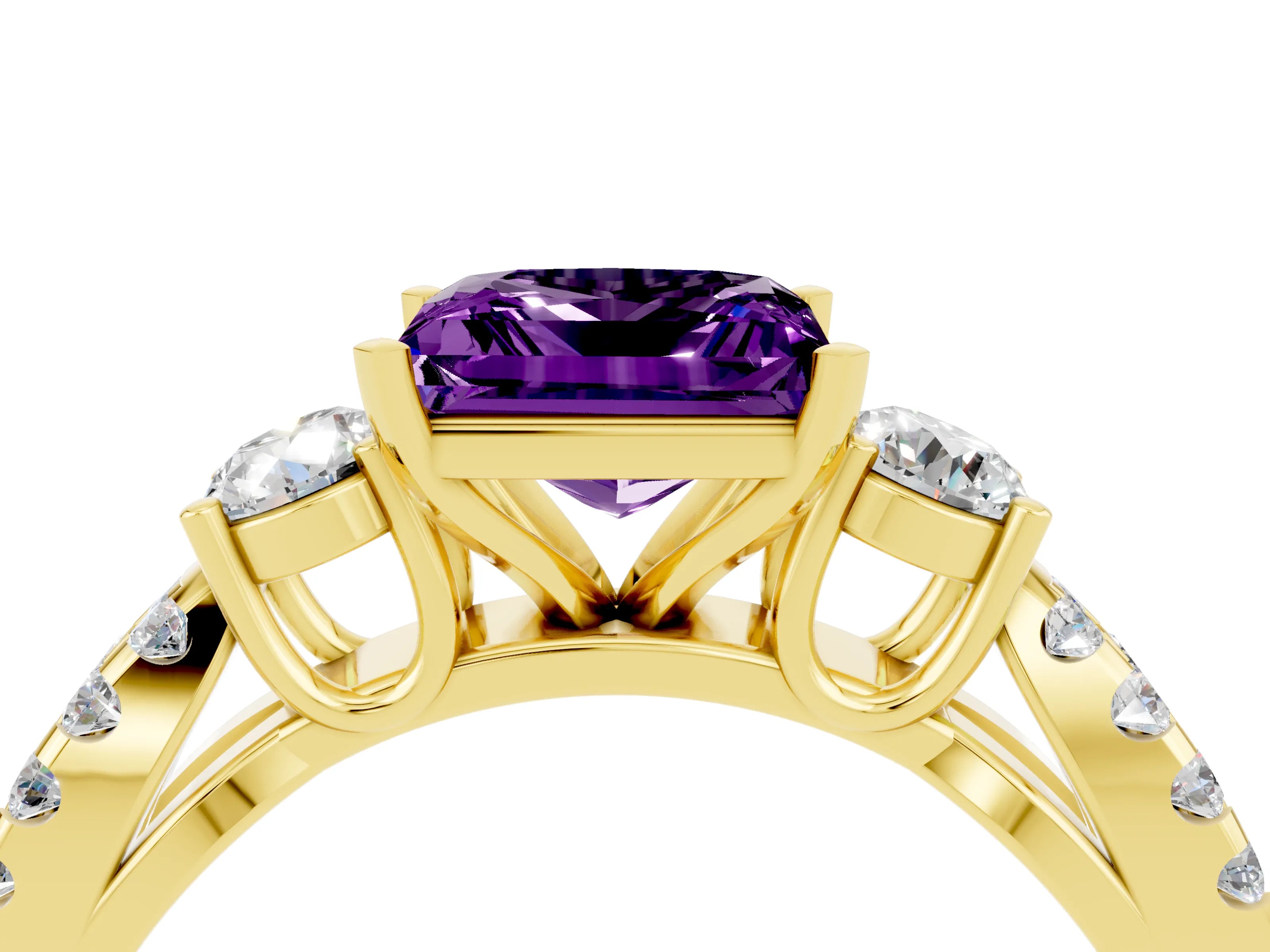 Yellow gold Princess Cut Amethyst Three-Stone Ring with Pavé Split Shank and Four-Prong Setting_4