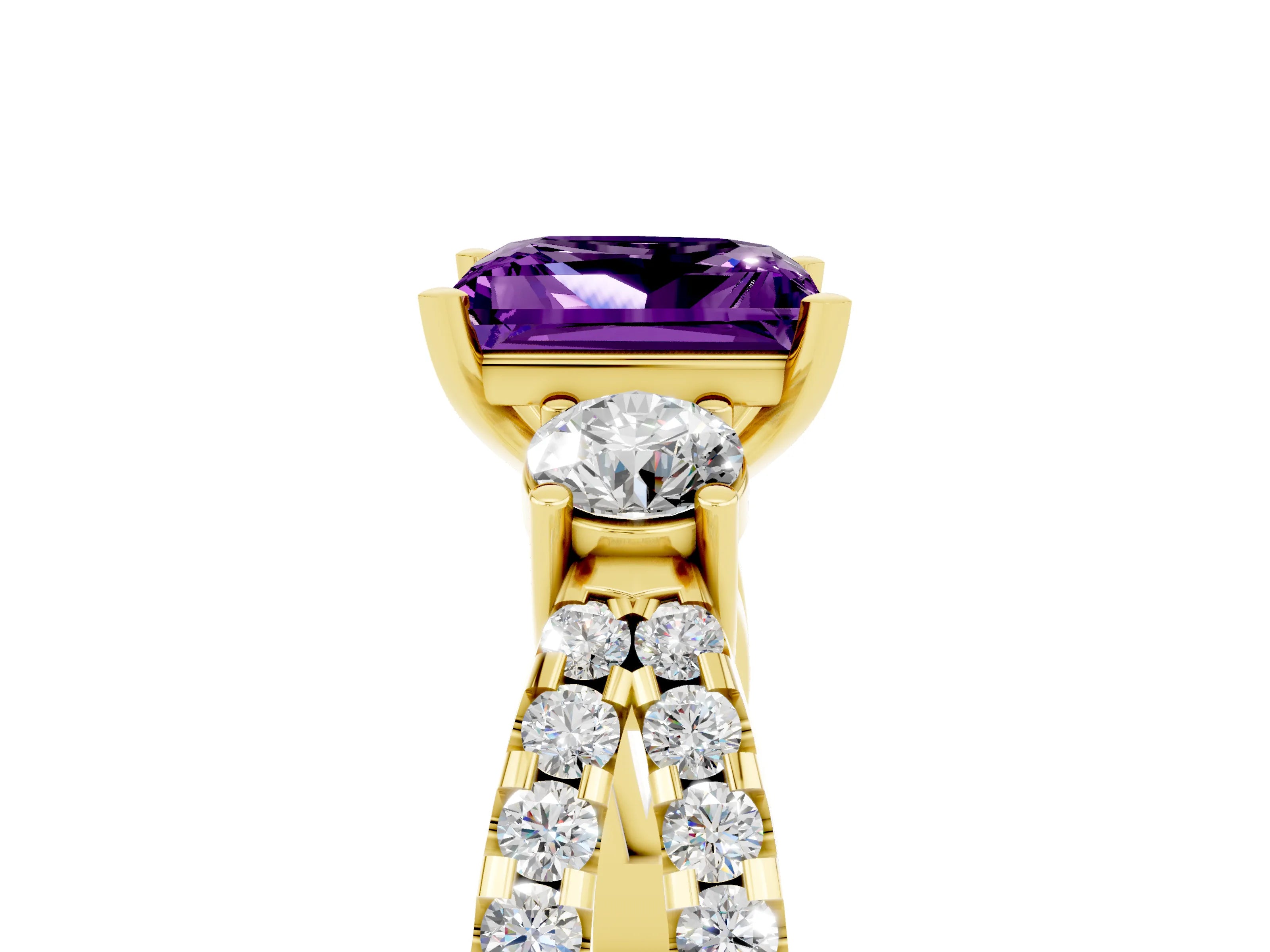Yellow gold Princess Cut Amethyst Three-Stone Ring with Pavé Split Shank and Four-Prong Setting_5