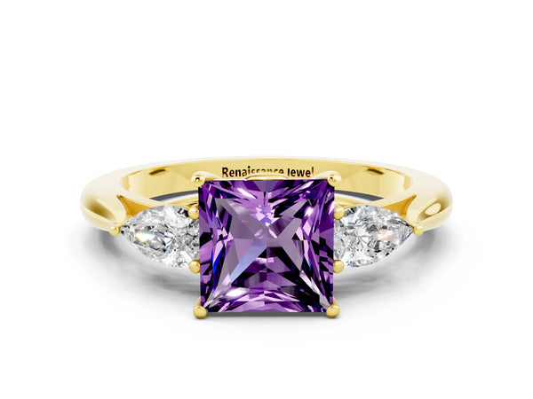 Yellow gold Princess Cut Amethyst Three-Stone Ring with Pear Side Stones and Prong Setting