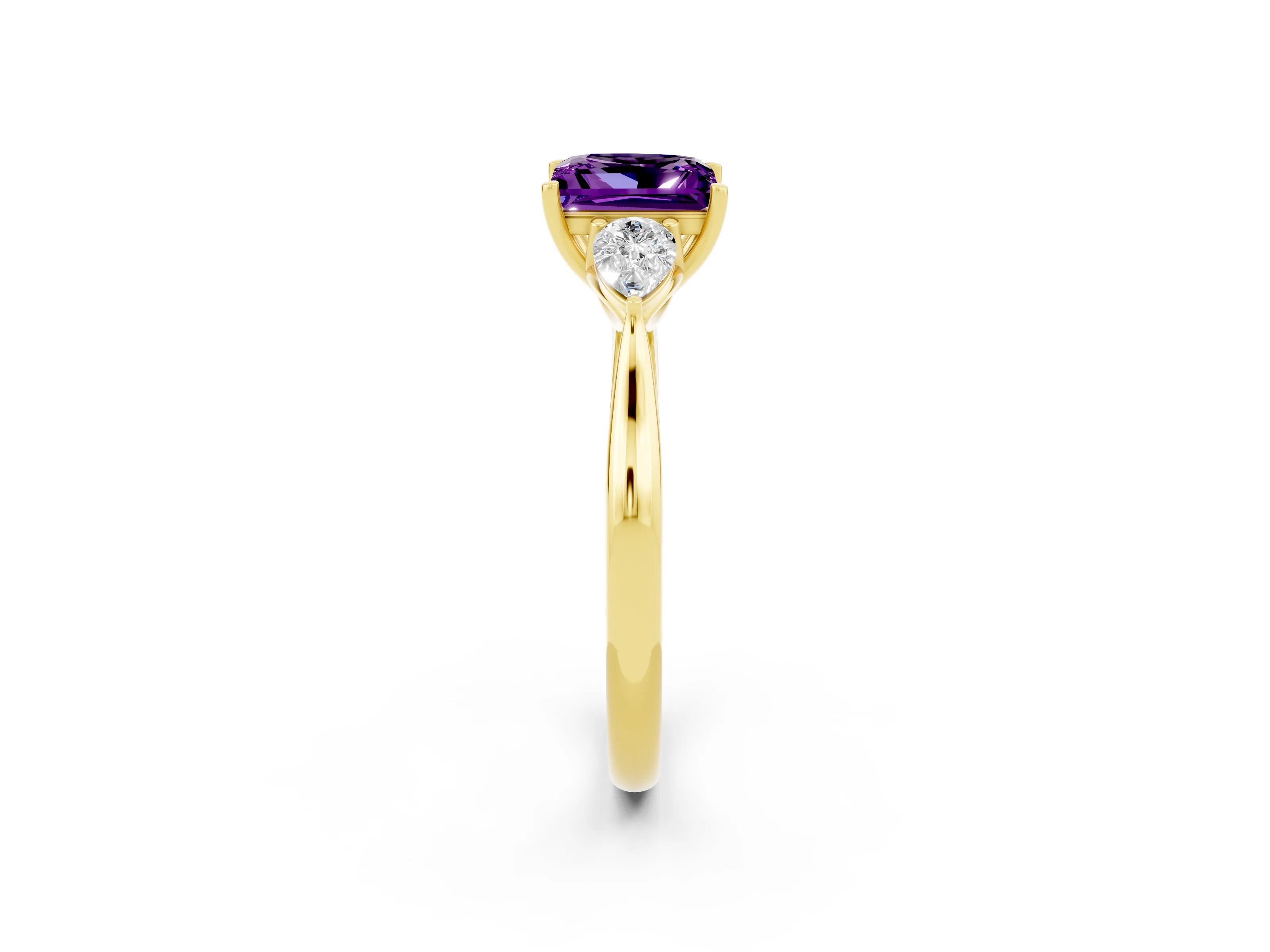 Yellow gold Princess Cut Amethyst Three-Stone Ring with Pear Side Stones and Four-Prong Setting_14