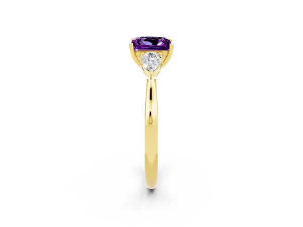 Yellow gold Princess Cut Amethyst Three-Stone Ring with Pear Side Stones and Prong Setting