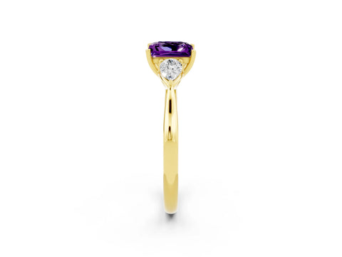Yellow gold Princess Cut Amethyst Three-Stone Ring with Pear Side Stones and Four-Prong Setting_14