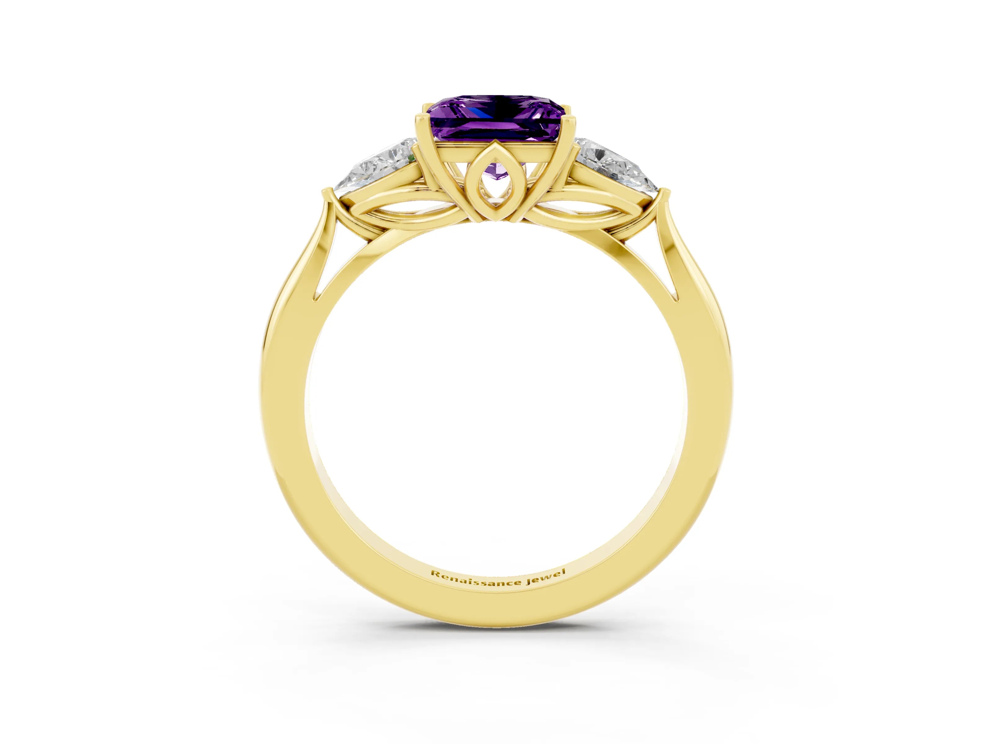 Yellow gold Princess Cut Amethyst Three-Stone Ring with Pear Side Stones and Four-Prong Setting_15