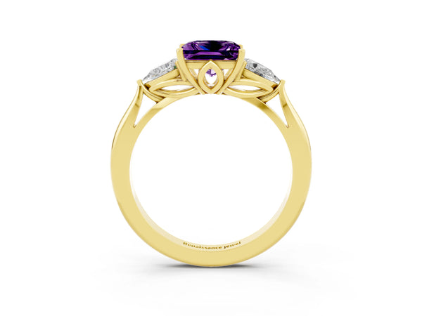 Yellow gold Princess Cut Amethyst Three-Stone Ring with Pear Side Stones and Prong Setting