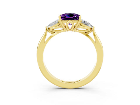 Yellow gold Princess Cut Amethyst Three-Stone Ring with Pear Side Stones and Four-Prong Setting_15