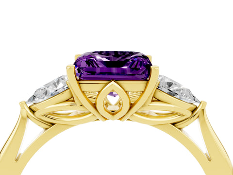 Yellow gold Princess Cut Amethyst Three-Stone Ring with Pear Side Stones and Four-Prong Setting_16