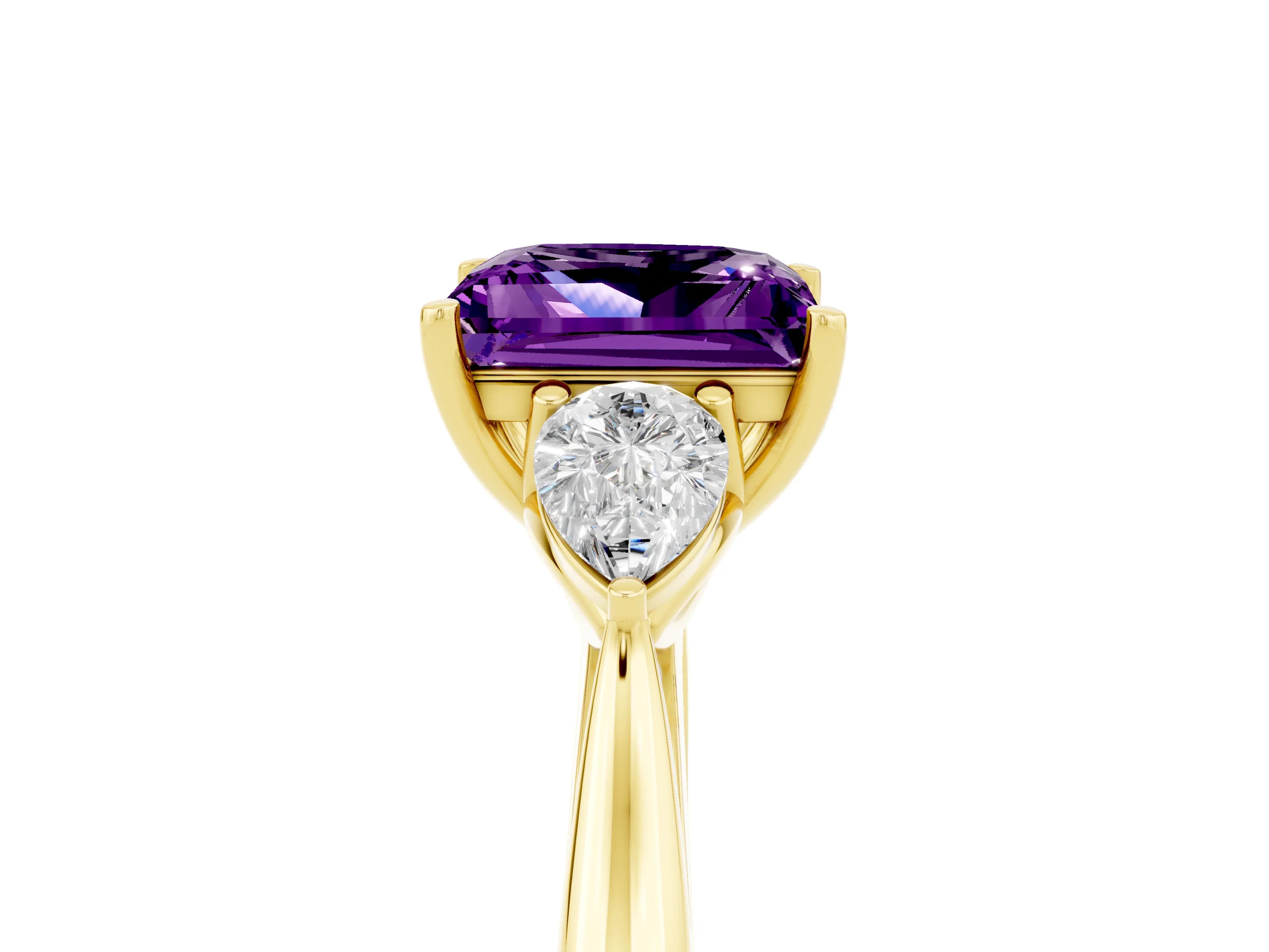 Yellow gold Princess Cut Amethyst Three-Stone Ring with Pear Side Stones and Four-Prong Setting_17