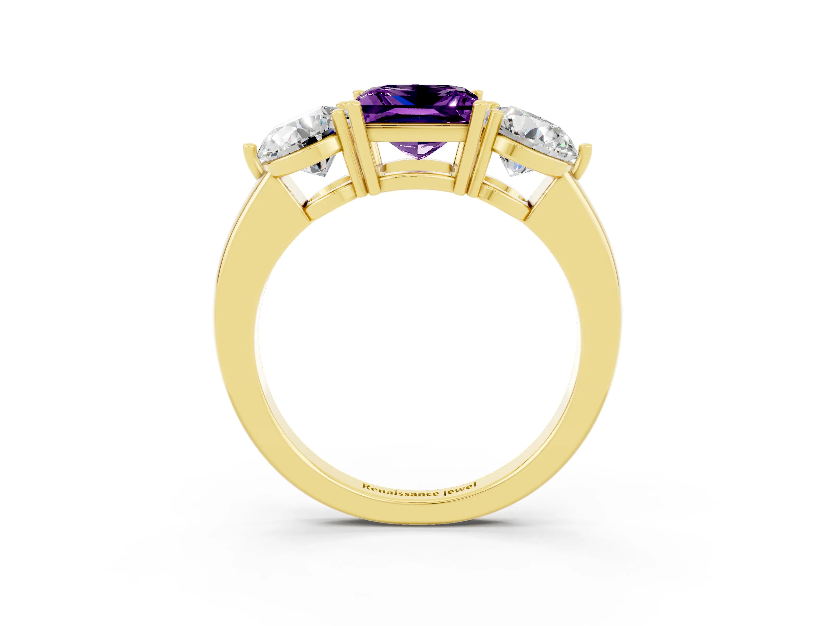 Yellow gold Princess Cut Amethyst Three-Stone Ring with Prong Setting and Classic Band_3